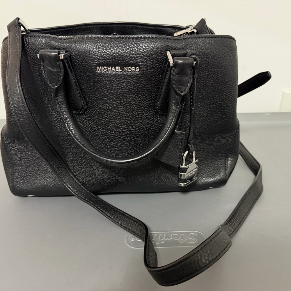 Michael Kors Black Pebbled Leather Satchel with Lock Charm